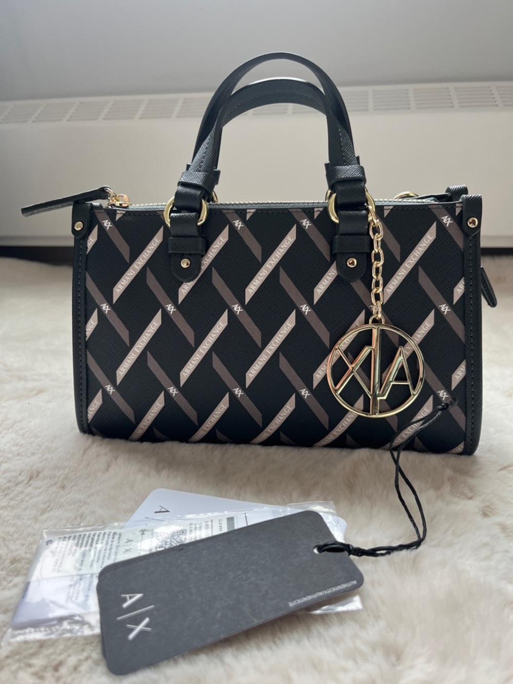 Armani Exchange Black Logo Pattern Satchel with Gold Charm